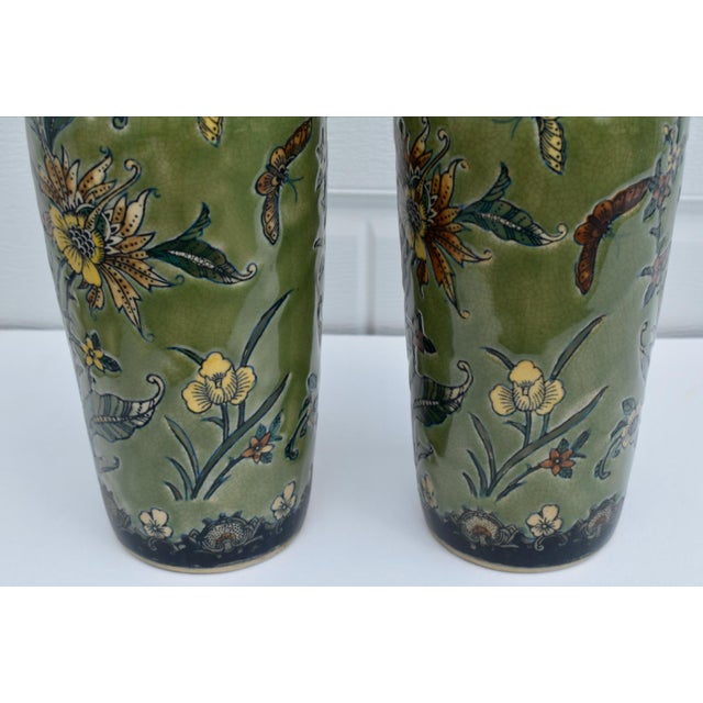 Green Vtg. Pair of Baum Bros Formalities Vase W/Floral & Butterfly Details For Sale - Image 8 of 14