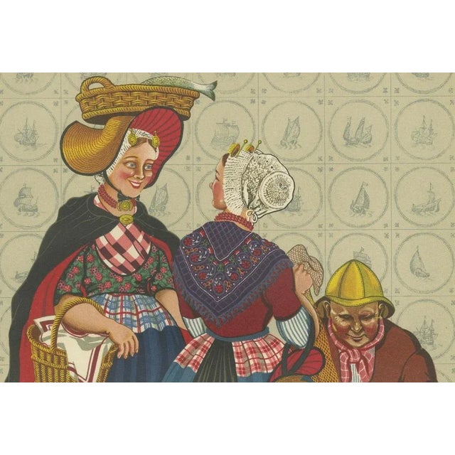 Vibrant 1932 Print of Scheveningen Fisherwomen with Shell Hat and Shawl Cape This striking original lithograph from the...