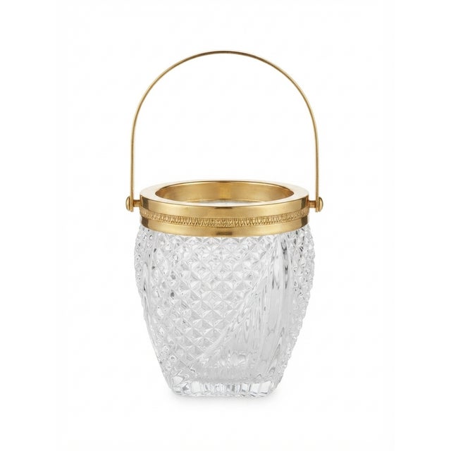 Traditional Mid 20th Century Belgian Val Saint Lambert Cut Crystal Ice Bucket With Gilded Spoon & Ice Disc - Rare 3 Piece Bar Set For Sale - Image 3 of 9