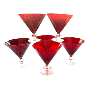 Vintage Post Modern Red Swirling Martini Glass a Set of 6