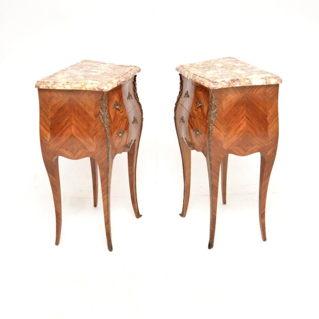 Antique French Inlaid Marble Top Bedside Chests, 1900s, Set of 2 For Sale - Image 3 of 12