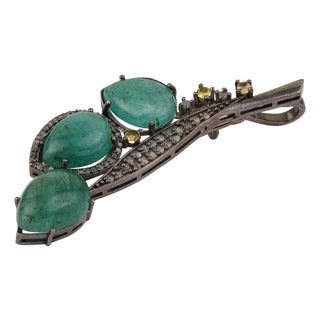 Vintage Inspired Floral Leaf Brooch Pendant With Emeralds & Diamonds For Sale