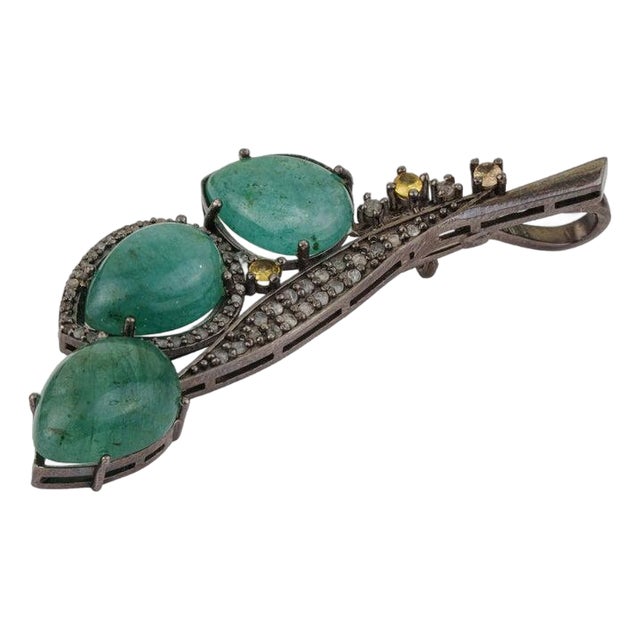 Vintage Inspired Floral Leaf Brooch Pendant With Emeralds & Diamonds For Sale