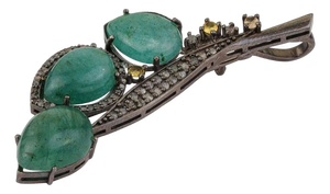 Vintage Inspired Floral Leaf Brooch Pendant With Emeralds & Diamonds