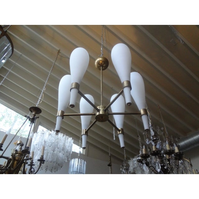 Mid-Century Modern Italian Brass and Glass Modernist Chandelier-Fontana Arte Style For Sale - Image 3 of 11