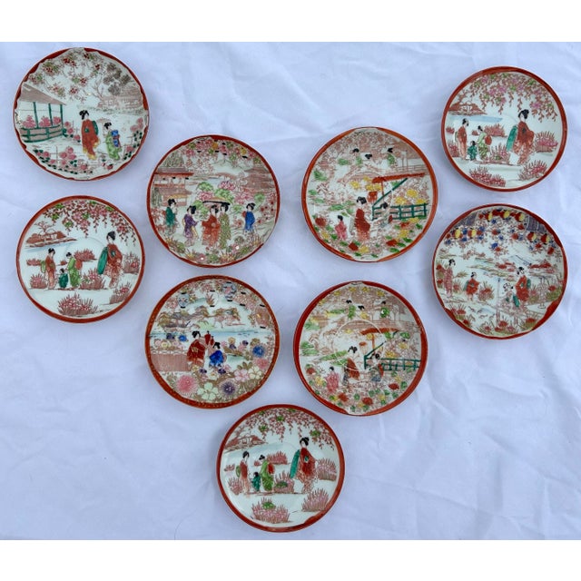 1920’s Antique Japanese Chinoiserie Hand Painted Traditional Geisha Girl & Pagoda Plates & Small Bowls - A 26 Piece Set For Sale - Image 9 of 12