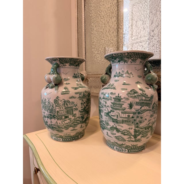 English Pair of Decorative Kelly Green Porcelain Vases For Sale - Image 3 of 8