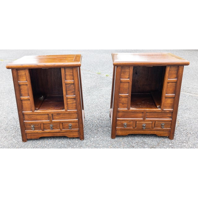 Chinese Early 20th Century Pair of Chinese Elm Cabinets for End Tables or Nightstands For Sale - Image 3 of 14