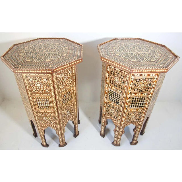 Moorish Moroccan Octagonal Pedestal Tables Inlaid with Mosaic Marquetry - A Pair For Sale - Image 12 of 13