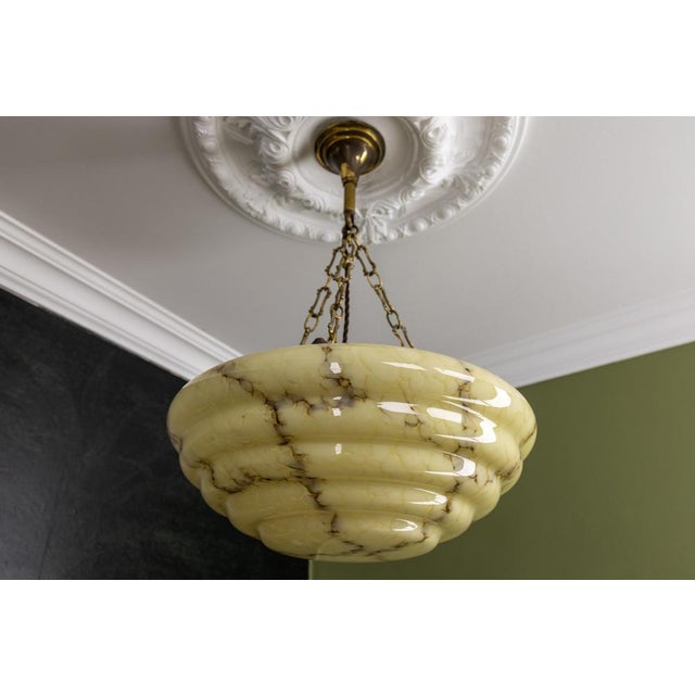 Art Deco Layered Marbled Yellowish Beige and Brown Glass and Brass Pendant Light, 1950s For Sale - Image 9 of 18