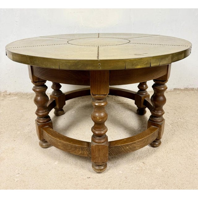 Wood Spanish Center Table with Brass-Clad Top, 1960 For Sale - Image 7 of 11