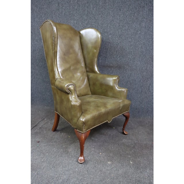 Queen Anne 1960s Olive Leather Wingback & Ottoman For Sale - Image 3 of 10