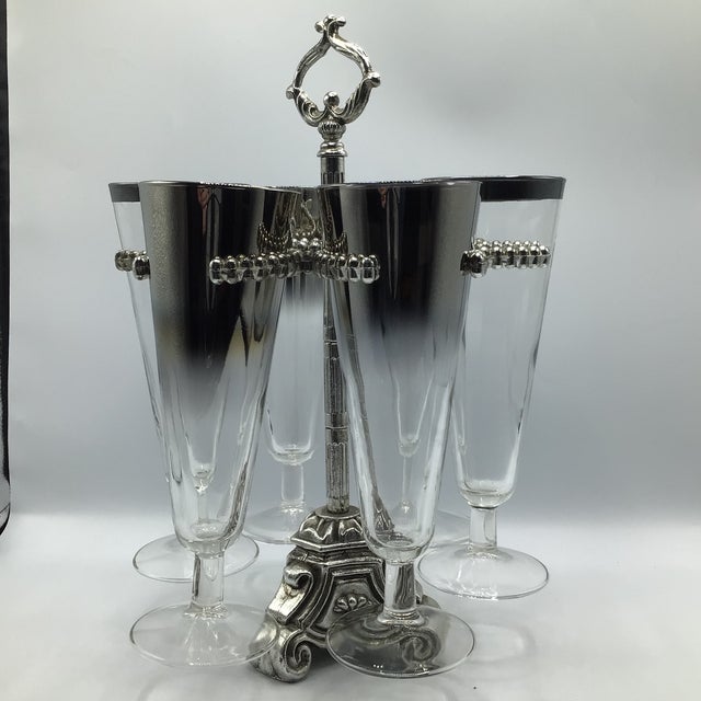 1960s Vintage Silver Ombre and Silver Band Pilsner Stemware Set With Caddy by Vitreon Queen Lusterware - Set of 7 For Sale - Image 5 of 12
