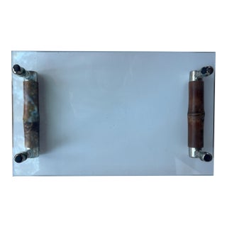 Glass Tray With Bamboo and Silver Handles For Sale