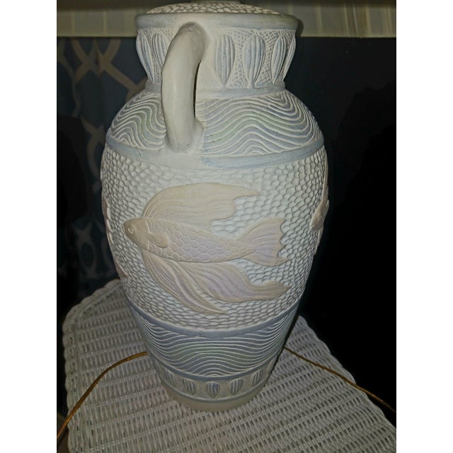 Postmodern Vintage Dayle Rushall Signed Coastal Fish Amphora Table Lamp - Carved Studio Pottery For Sale - Image 3 of 10