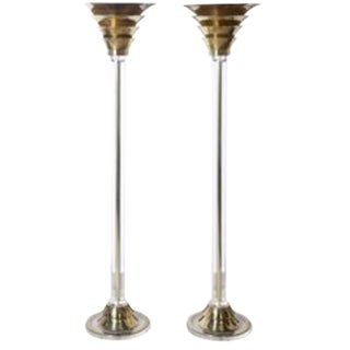 Mid-Century Modern Brass & Lucite Torchere Floor Lamps - a Pair For Sale
