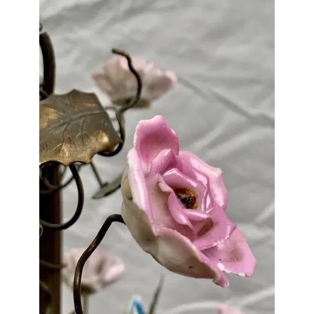French Small French Cast Brass Basket Light With Original Porcelain Flowers. For Sale - Image 3 of 13