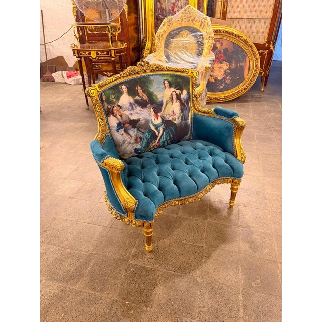 Bring the elegance of a French château into your home with this spectacular Louis XVI-inspired bergère armchair, richly...