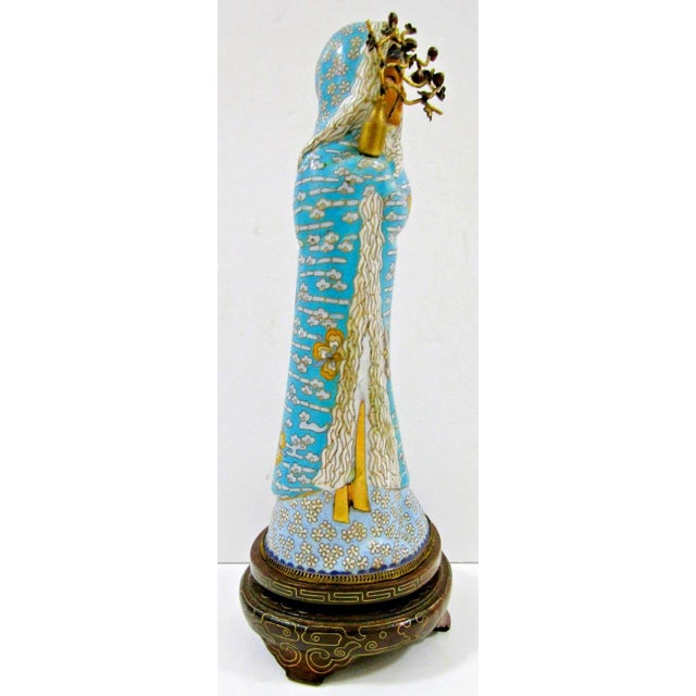 Asian Antique Asian Blue Cloisonne Figurine Holding Brass Vase With Lotus Wood Base For Sale - Image 3 of 16