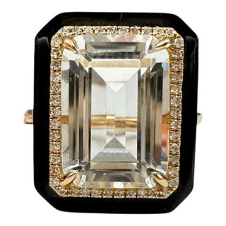 Designer Effy White Topaz Diamond Enamel Ring 14kt Gold 9.80ct NWT, Size 7 For Sale