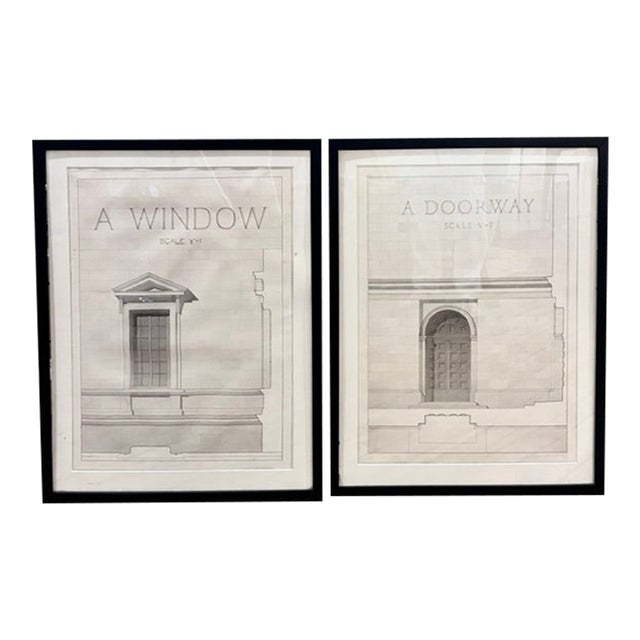 Early Pair of Framed Architectural Drawings of Neoclassical Architecture - Door and Window For Sale