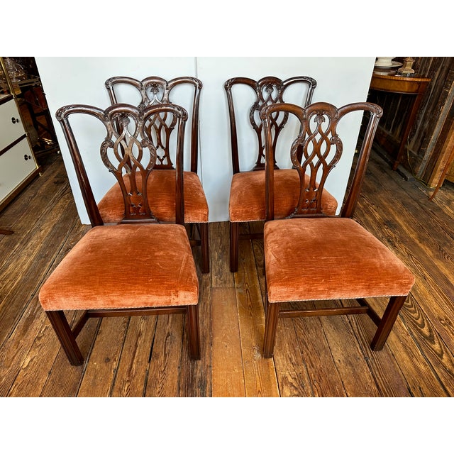 Set of 6 classic Chippendale style mahogany and velvet dining chairs. 2 arm 4 side chairs Some imperfections , no rips....