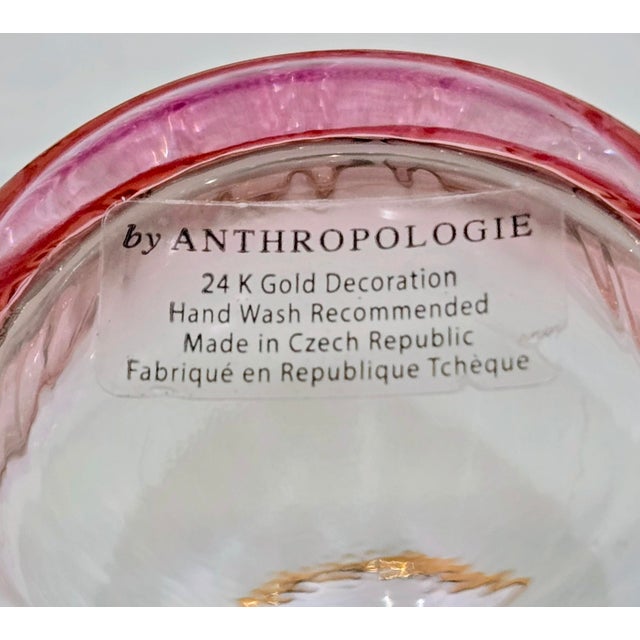 Pink Waterfall 24k Gold Stemless Wine Glasses by Anthropologie – Set of 7 Czech Hand Painted Crystalline For Sale - Image 9 of 9