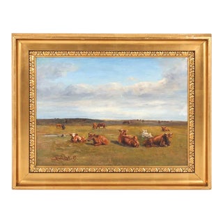 Mid 20th Century Vintage Painting Landscape With Cows Signed in Gilt Frame For Sale