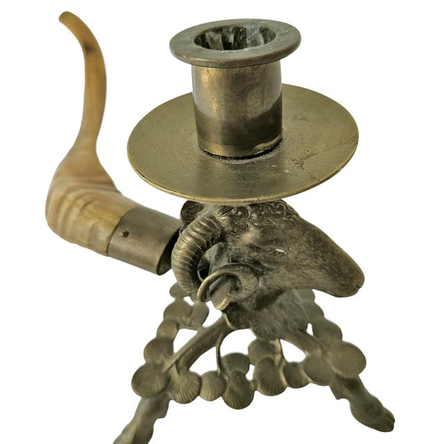 Traditional 19th Century Brass & Natural Horn Ram’s Head Candlestick For Sale - Image 3 of 8