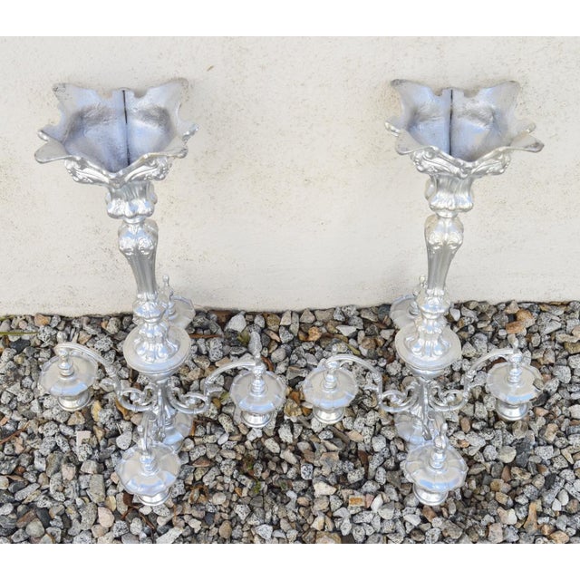 Candleholders Candelabras Pair 5 Cups Each Antique Circa 1950s Made of Pewter Silver Tone Made in Italy No Insignias For Sale - Image 10 of 12