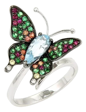 Blue Topaz Tsavorite & Sapphire 18k Gold Butterfly Ring, Size 7