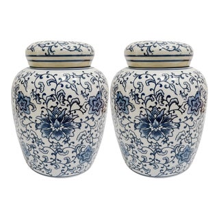 Chinoiserie Blue & White Twisted Peony Ginger Jars - a Pair For Sale