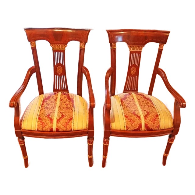 1990s Set of 2 Gold Accent Walnut Italian Arm Occasional Arm Chairs For Sale