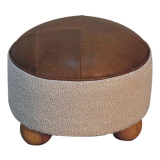 Bouclé and Leather Ottoman With Ball Feet For Sale