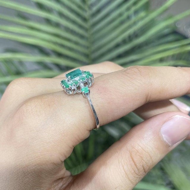 Vintage Style Emerald and Diamond Cluster Ring in Silver, Size 8.5 For Sale - Image 9 of 14