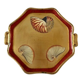 Italian Florentine Gold Leaf Tray With Shell Motif by Vietri For Sale