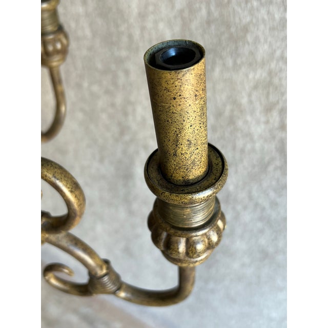 Brown Mid 20th Century Retro Spanish Revival Glazed Earthenware and Iron Scrollwork 5 Light Chandelier For Sale - Image 8 of 12