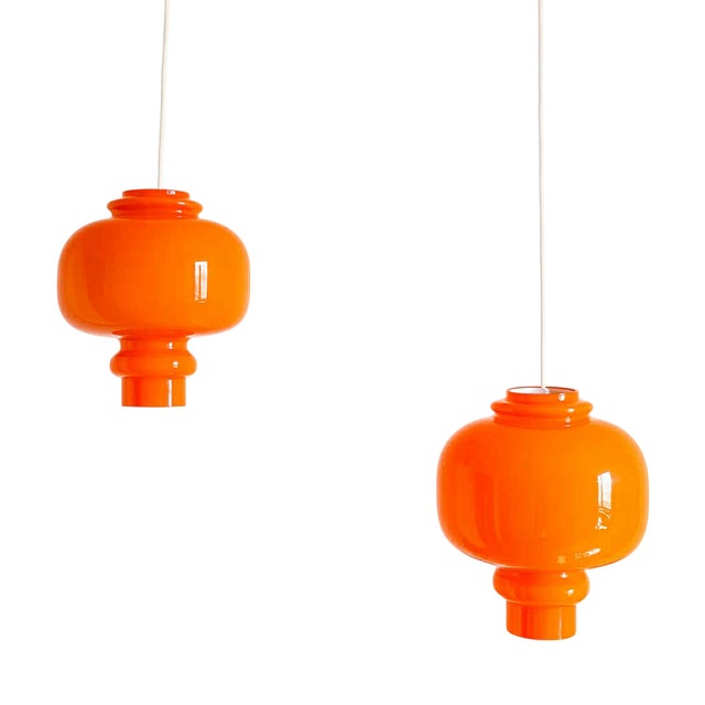 Orange Pendant Lights attributed to Hans-Agne Jakobsson for Staff Leuchten, 1960s, Set of 2 For Sale