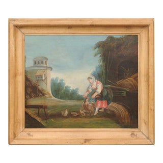 French Late 18th Century Country Scene Oil on Canvas Painting Set in Pine Frame - Unsigned For Sale