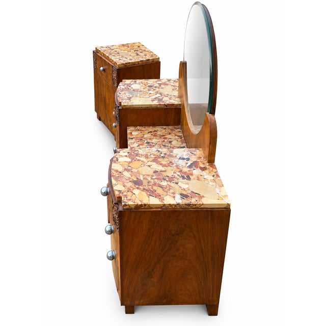 Art Deco Walnut Dressing Table Set with Marble Top and Bedside Table, 1930s, Set of 2 For Sale - Image 12 of 15