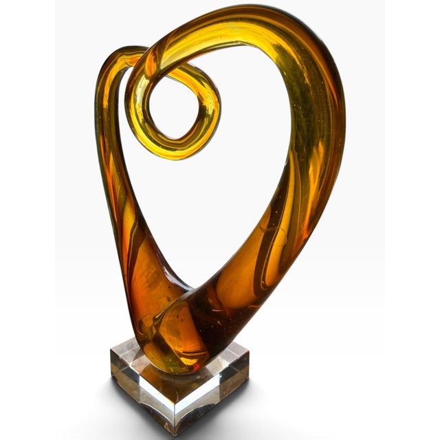 Mid-Century Modern Vintage Amber Murano-Style Art Glass Heart Sculpture on Lucite Base For Sale - Image 3 of 8