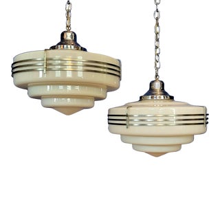 Large 1940s Architectural Art Deco Streamline Moderne Milk Glass Pendants - A Pair For Sale