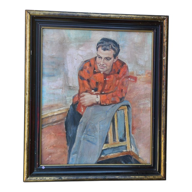 1940s Oil on Canvas Portrait Painting of a Man in a Plaid Shirt For Sale