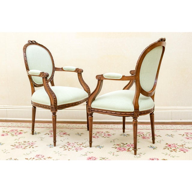 French Provincial Pair of French Louis XVI Revival Fruitwood Fauteuil Arm Chairs, Circa 1910–1920 For Sale - Image 3 of 7