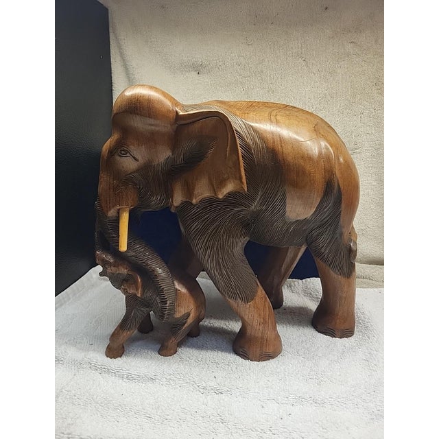 1970s Vintage Hand Carved Elephant With Tusks Detailed Teak For Sale - Image 5 of 6