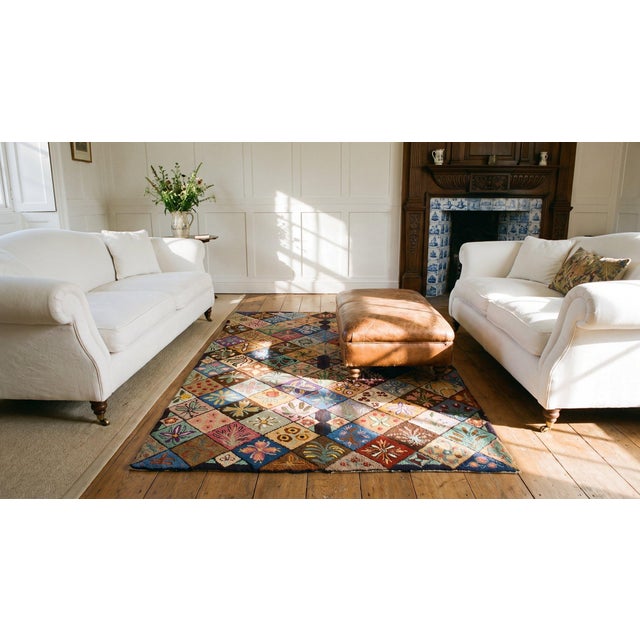 1930s Multi Geometric Folk Art Antique American Hooked Rug 6' X 8'9" Woven Wool Carpet For Sale - Image 13 of 15