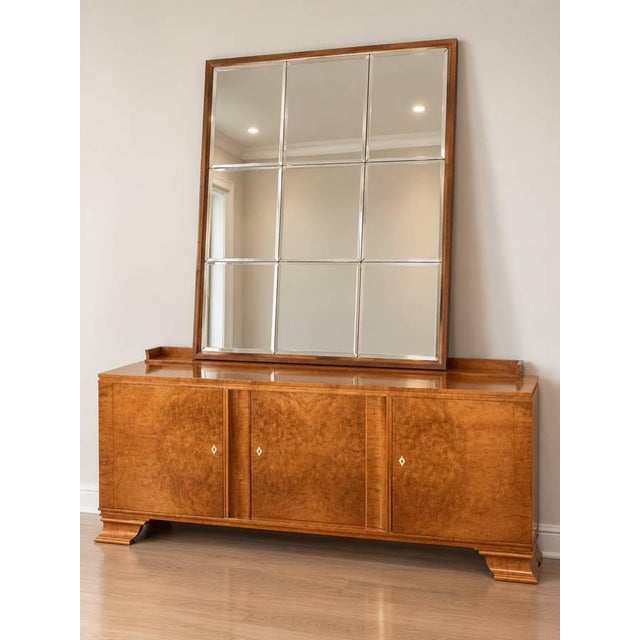 Art Deco 1990s Large Walnut With Gold Accent Beveled Glass Mirror For Sale - Image 3 of 7