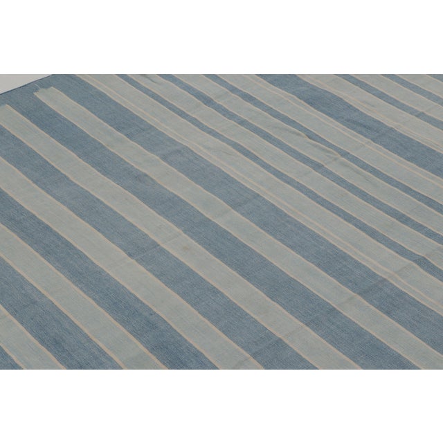 Vintage Dhurrie Rug With Blue and Gray Geometric Stripes - Rug & Kilim For Sale In New York - Image 6 of 9