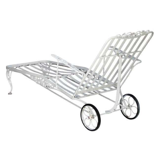 Metal Antique Garden Chaise Lounge in Iron W/ Wheels. Attributed to John Salterini For Sale - Image 7 of 11