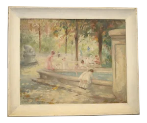 1927 "Rittenhouse Square, Philadelphia" Impressionist Park Scene Oil Painting Signed Maude Stokes, Framed
